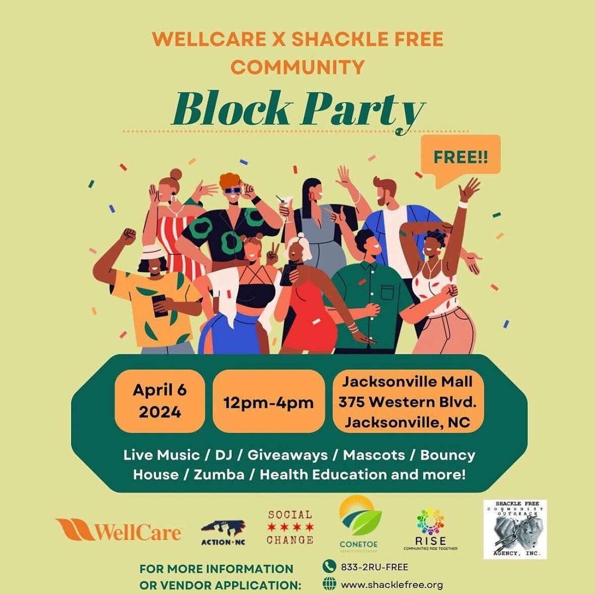 ⭐️ T O M O R R O W ⭐️

🎊Join us 4/6 for a day of fun, fitness, and community spirit at the WellCare x Shackle Free Community Block Party! 

🎊 It&rsquo;s a celebration with live music, a DJ, giveaways, and activities for all ages. Don&rsquo;t miss o