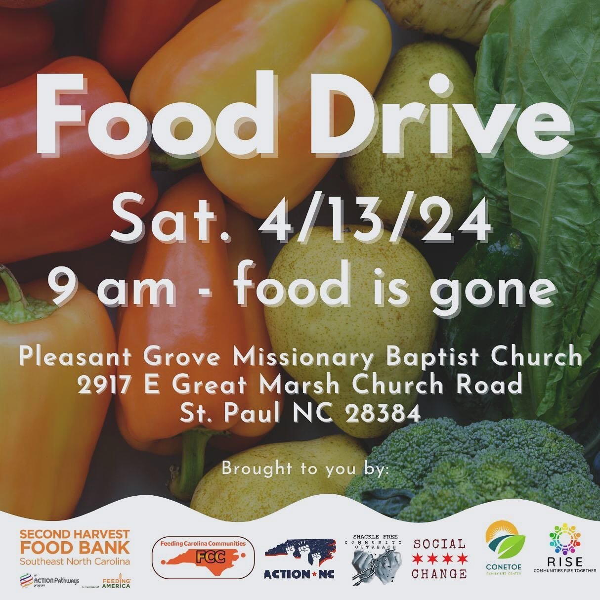 ⭐️T O M O R R O W ⭐️ 

Join us for a community food drive! 

🗓️ Sat. Aril 13
⏰9am- food is gone
📍2917 E Great Marsh Church Rd. St.Paul NC

Brought to you by: @shacklefreeinformational @conetoefamilyfarm @action.nc @rise4all_org @ncsocialchange 

#s