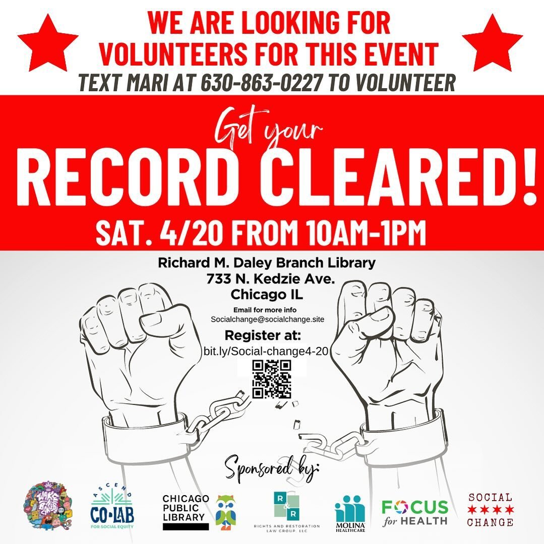 🚨🚨Volunteers needed! Please message Mari at 630-863-0227 or DM @only1maribody to volunteer! 

Be a part of positive change in your community at this record sealing and expungement event!

Reach out to Mari to volunteer, and join us at the Richard M