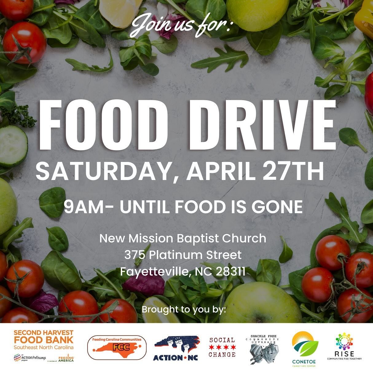 Join us for a community food drive! 

🗓️ Sat. April 27
⏰9am- food is gone
📍375 Platinum Street Fayetteville NC

Brought to you by: @shacklefreeinformational @conetoefamilyfarm @action.nc @rise4all_org @ncsocialchange 

#socialchange #fooddrive #foo