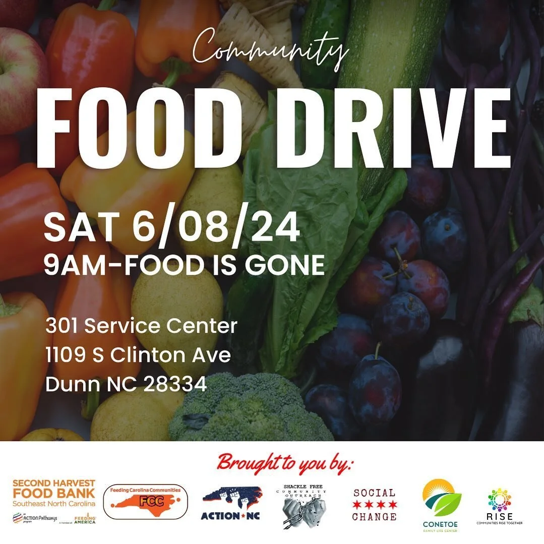 This Saturday! ✨Join us for a community food drive! 

🗓️ Sat June 8th 
⏰9am- food is gone
📍1109 S Clinton 

Brought to you by: @shacklefreeinformational @conetoefamilyfarm @action.nc @rise4all_org @ncsocialchange 

#socialchange #fooddrive #foodins