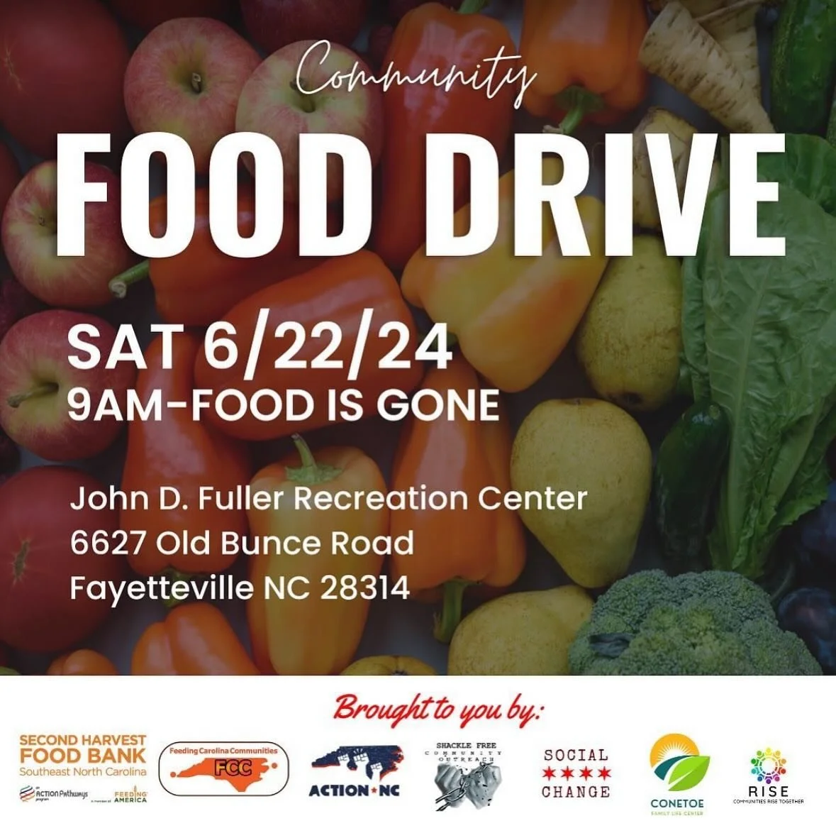 ⭐️THIS SATURDAY⭐️ 

Join us for a community food drive! 

🗓️ Sat June 22nd
⏰9am- food is gone
📍6627 Old Bunce Rd 

Brought to you by: @shacklefreeinformational @conetoefamilyfarm @action.nc @rise4all_org @ncsocialchange 

#socialchange #fooddrive #