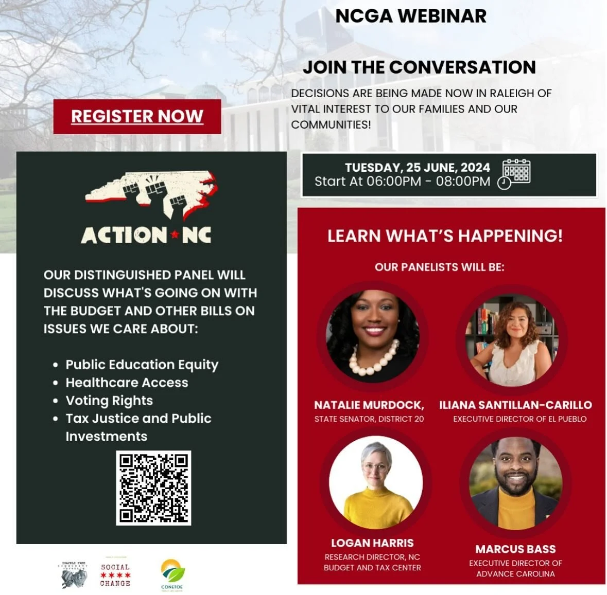 Join Action NC our NC RISE partners for an enlightening and empowering evening on Tuesday, June 25th, from 6:00 PM to 7:30 PM. 

This dynamic webinar brings together a distinguished panel of experts to delve into the critical issues facing North Caro