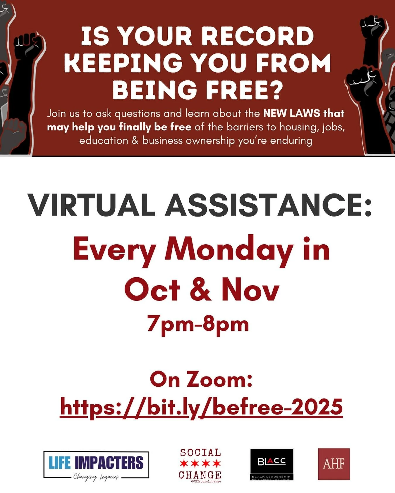 TODAY 👇🏽Is your record holding you back? 🚫🏠💼

Join us every Monday in October and November for FREE one-on-one virtual assistance on Zoom. Learn how new laws may finally help you break free from barriers to jobs, housing, education, and business