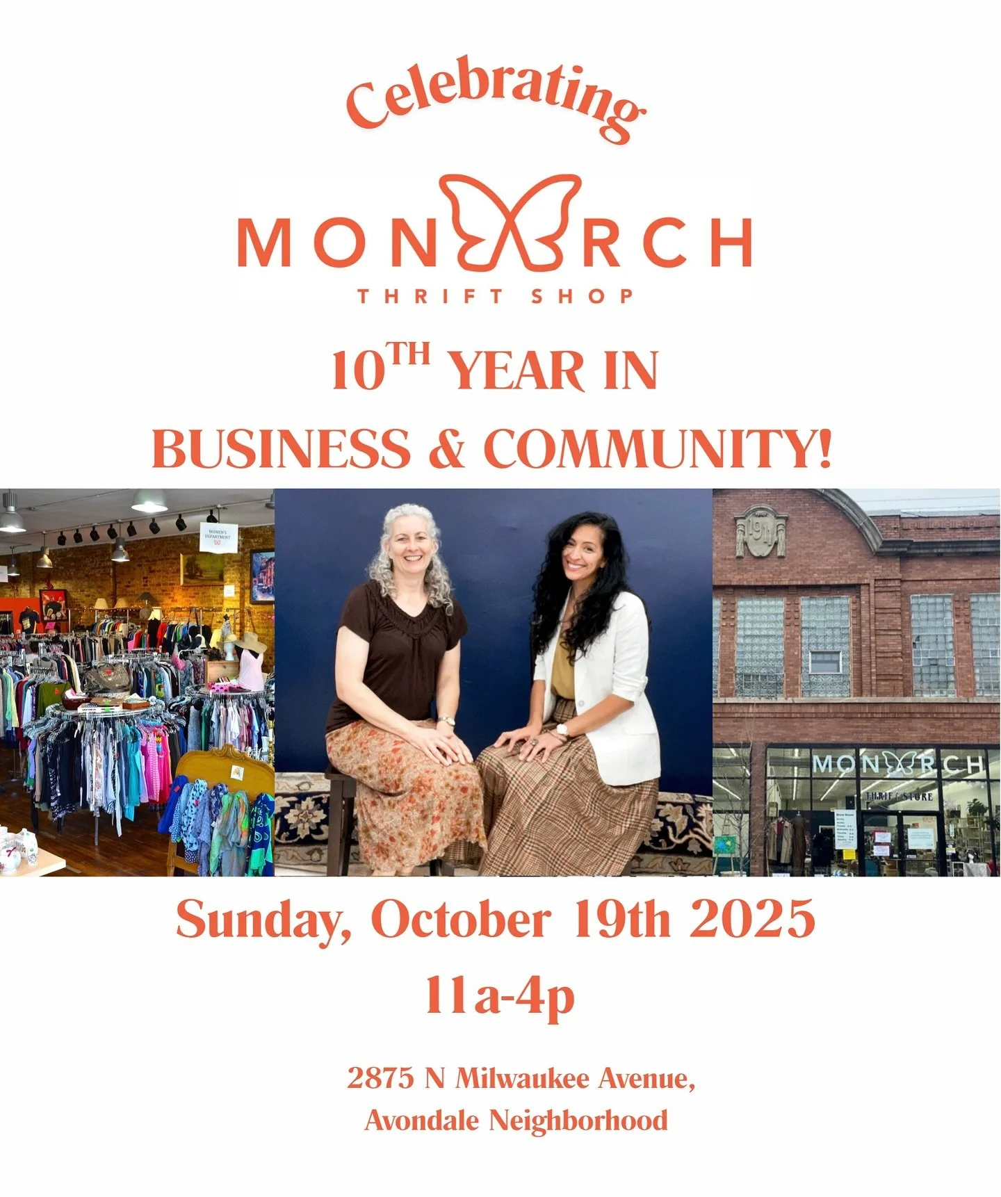 We love seeing our partners thrive! 💕 Join our friends at @monarch_thriftshop this Sunday, October 19th (11a&ndash;4p) as they celebrate 10 amazing years of empowering women, uplifting community, and creating sustainable change through style and pur