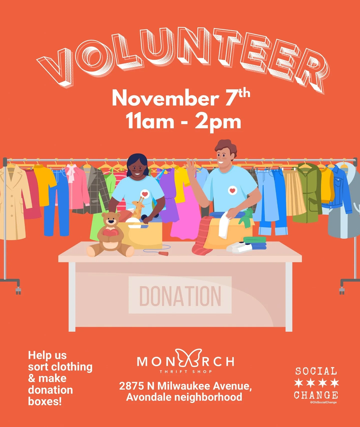 Join us Thursday, Nov 7th from 11am&ndash;2pm at Monarch Thrift Shop (2875 N Milwaukee Ave, Avondale) to help sort clothing and build donation boxes for people in need 🧣🧤

Your time, your hands, your heart&mdash;it all matters. 💛

📦 Come voluntee