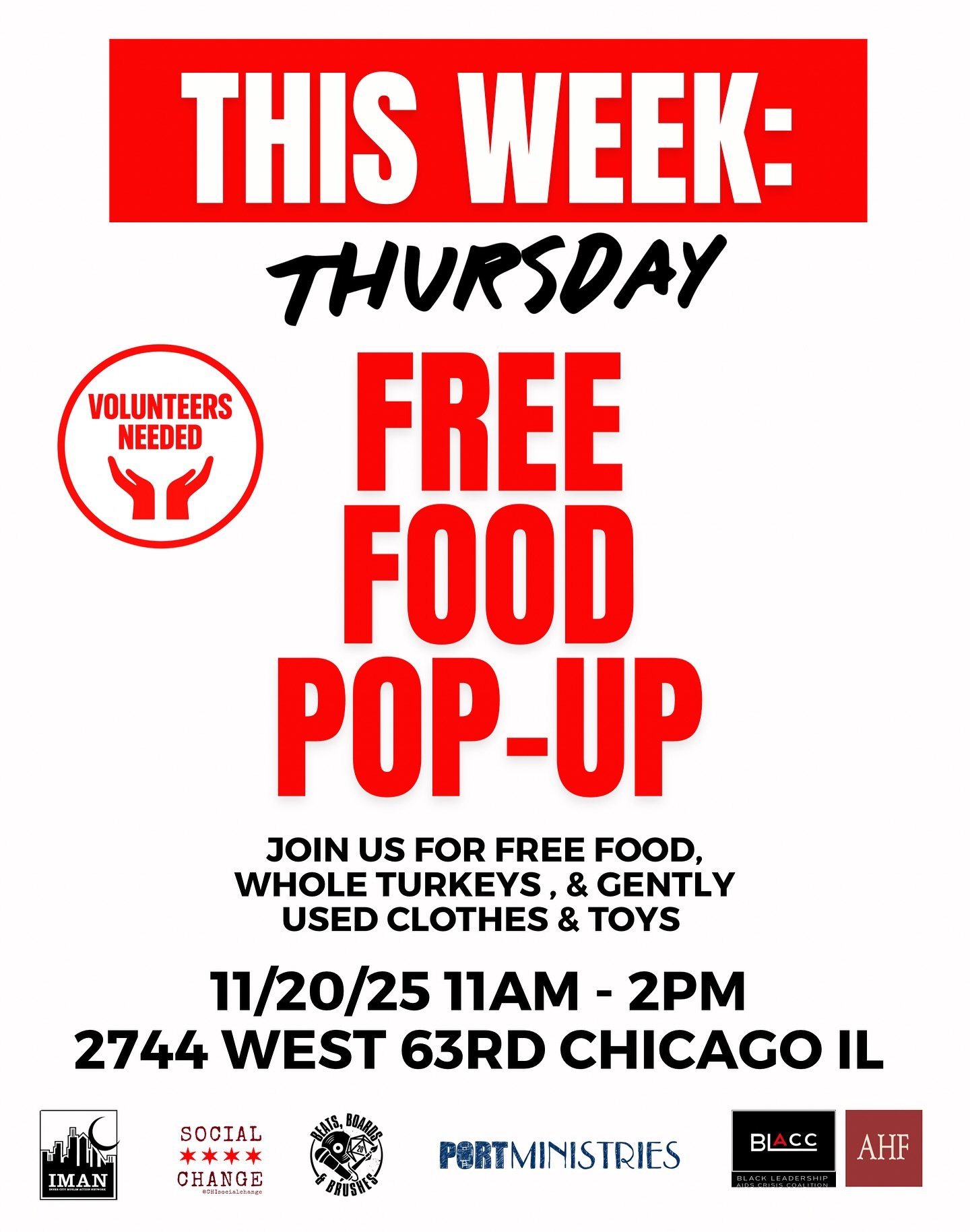 This Thursday we&rsquo;re showing up for our community with free food, whole turkeys, and gently used clothes and toys for families who need them.

Thank you to our partners who make this possible:
@imancommunity
@portministries
@beatsboardsandbrushe