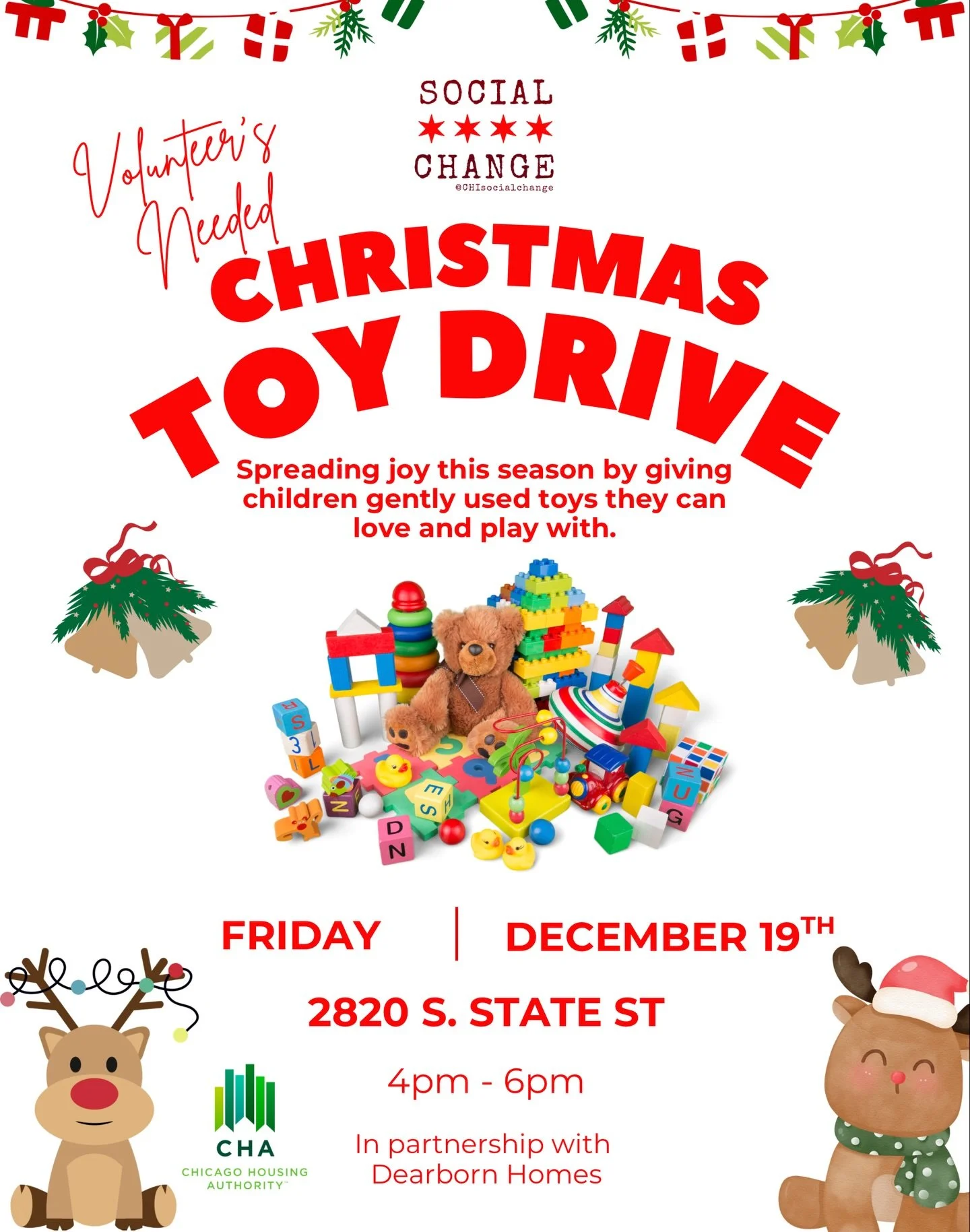 On Friday December 19th Social Change and The Dearborn Homes @chicagohousingauthority will be sharing free gently used toys with families who could use a little extra joy this season. No strings, no sign up, just community taking care of community. I