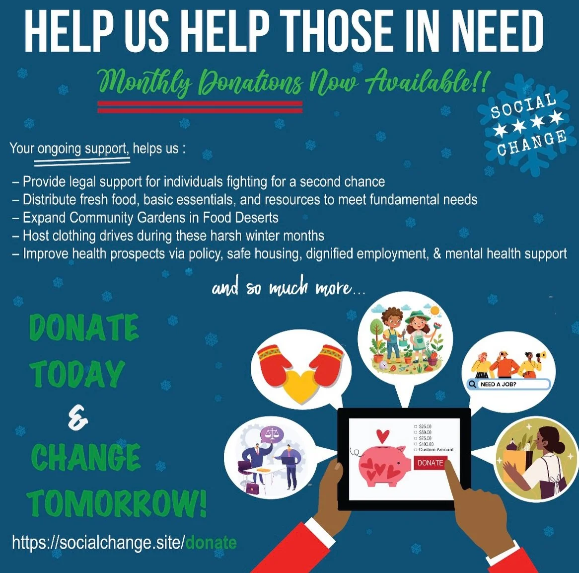 Looking for a meaningful year end gift?

Support justice. Support food access. Support community led solutions.

Your donation to Social Change is 100% tax deductible and makes an immediate impact where it is needed most.

Donate today. Change tomorr
