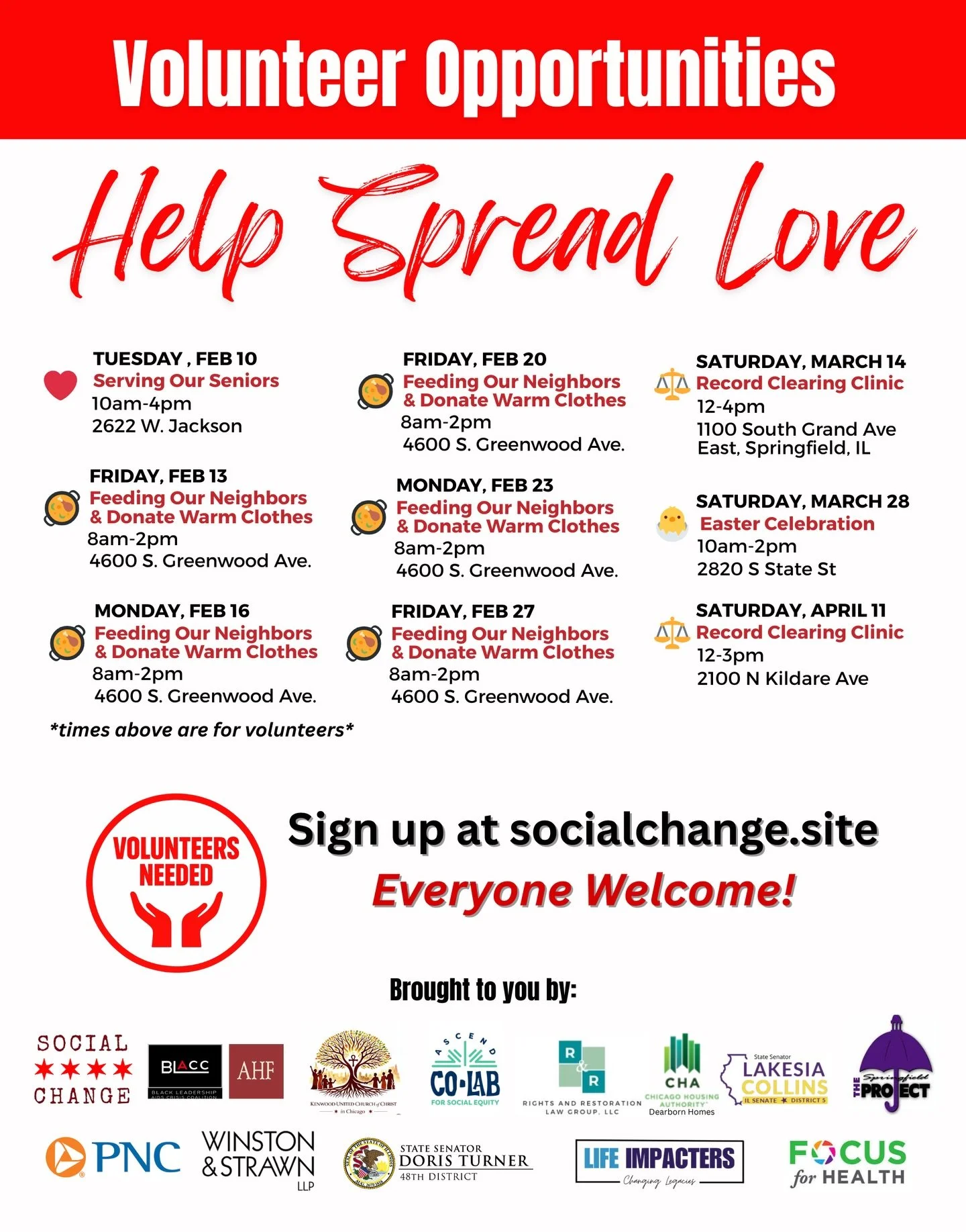 Calling all volunteers ❤️

This work happens because people like you choose to show up. Volunteering with Social Change means sharing love, meeting neighbors, and being part of something bigger than yourself. Whether you&rsquo;re packing food, organi