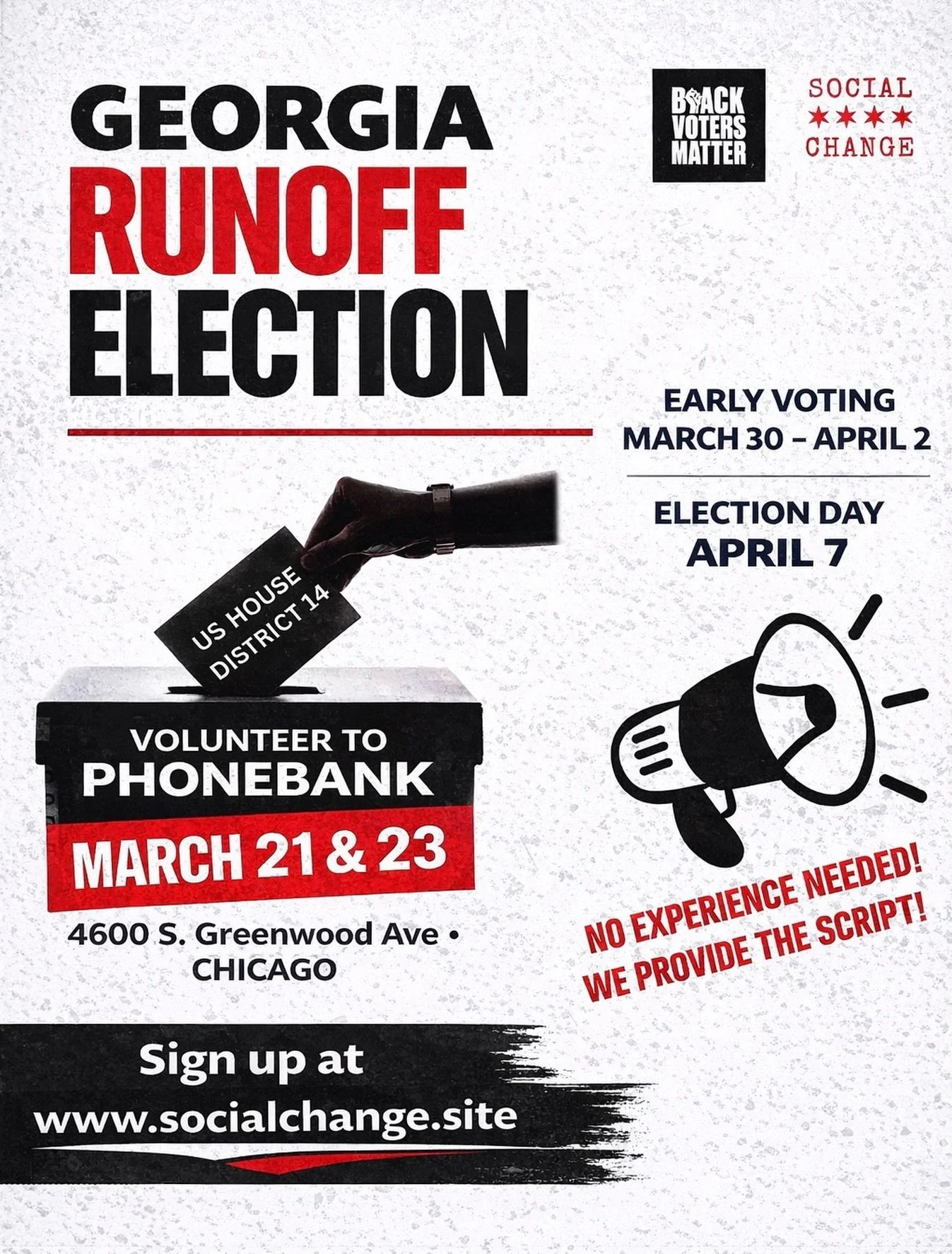 🚨 PHONEBANK FOR GEORGIA &mdash; Anyone, ANYWHERE can help! Whether you join us in person at 4612 S. Greenwood Ave, Chicago OR from the comfort of your own home &mdash; we need YOU on the phones March 21 &amp; 23! If those days don&rsquo;t work but y