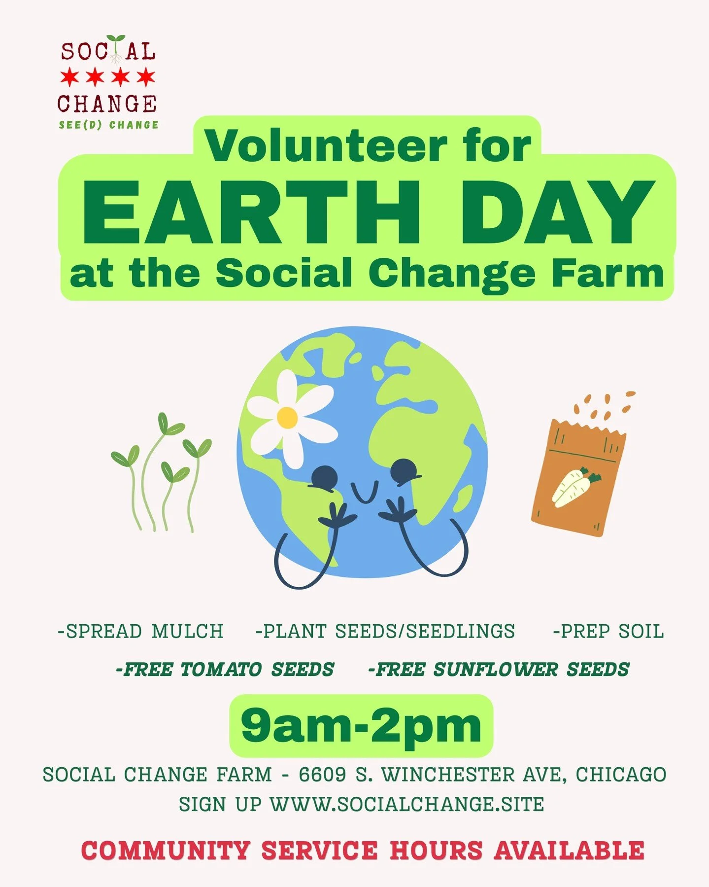 EARTH DAY AT THE FARM 🌎🌱

We&rsquo;re planting, building, and bringing the community together &mdash; and we need YOU.

Pull up, get your hands in the soil, and be part of something bigger.

🕘 9am&ndash;2pm
📍 6609 S. Winchester
🔗 www.socialchang