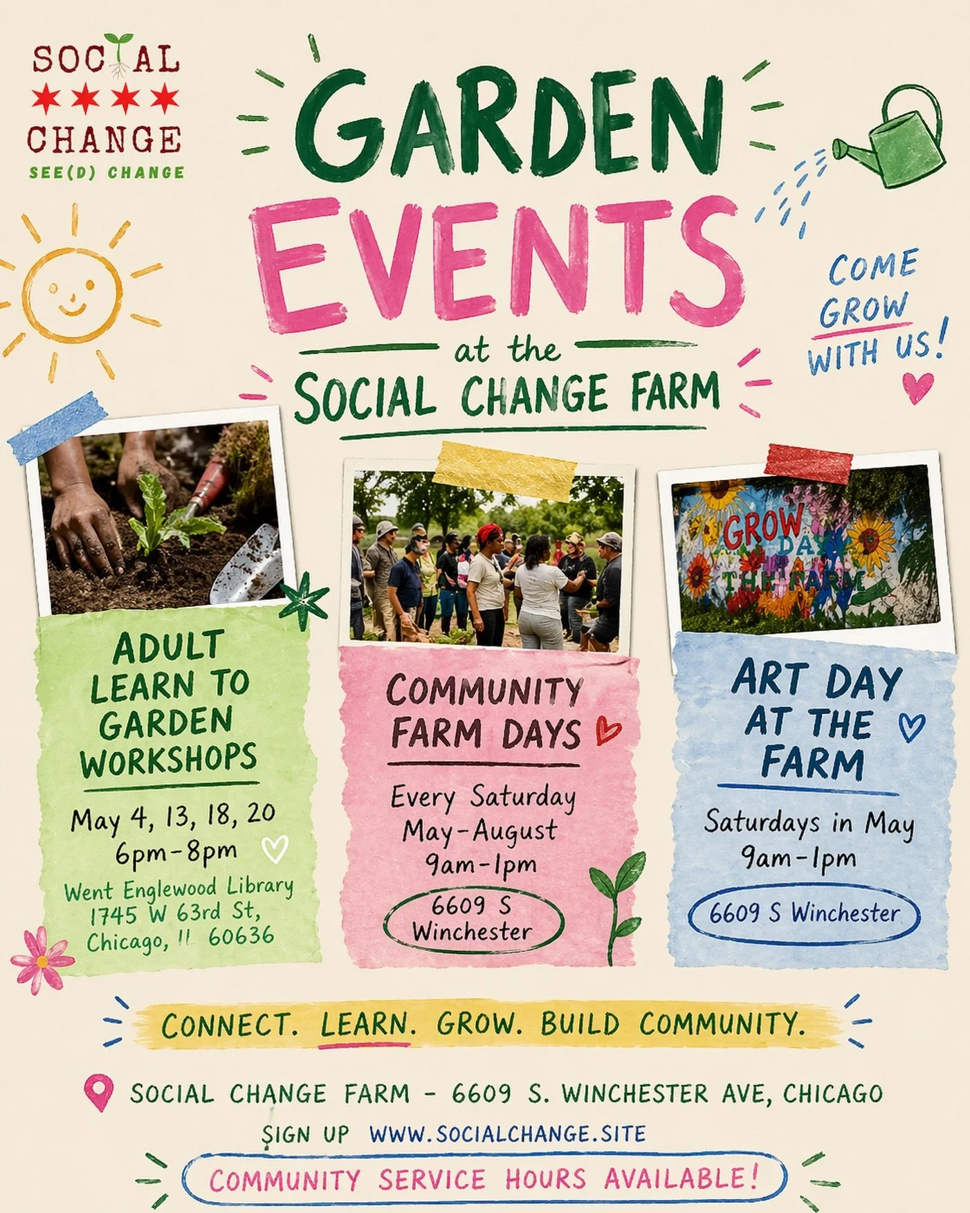 We&rsquo;re outside all summer 🌱

Every Saturday we&rsquo;re opening up the Social Change Farm for Community Farm Days. Come help us build, plant, and take care of the space, then stay, hang out, and just enjoy being together.

We&rsquo;ll also have