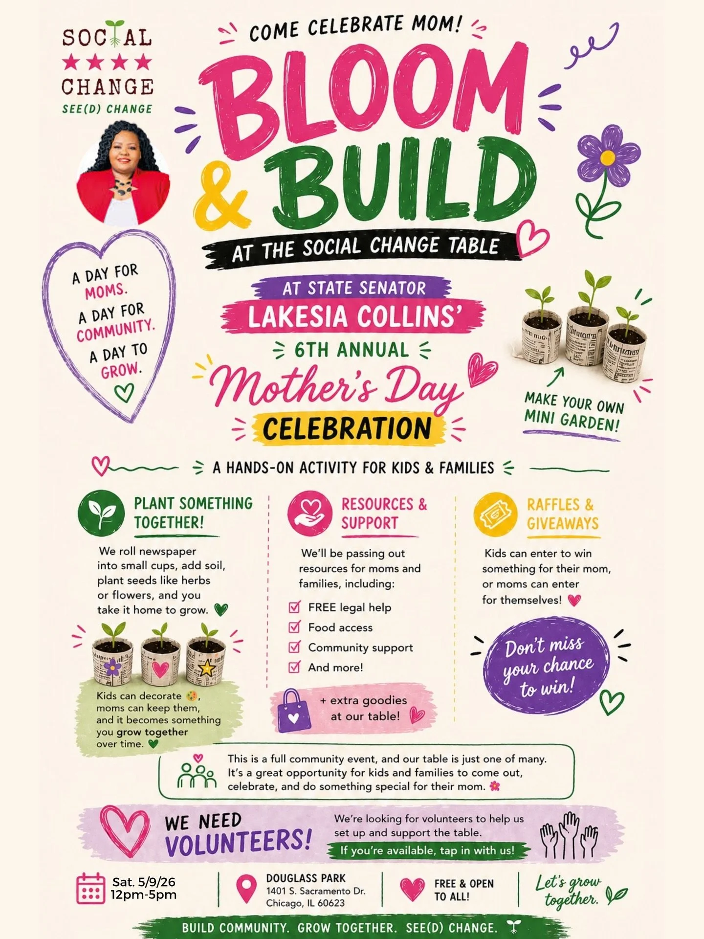 We&rsquo;ll be at State Senator Lakesia Collins&rsquo; @senlakesiacollins 6th Annual Mother&rsquo;s Day Celebration with something fun at the Social Change table Sat. May 9th at noon-5pm 💚

Start your day at our hands-on garden station where kids an