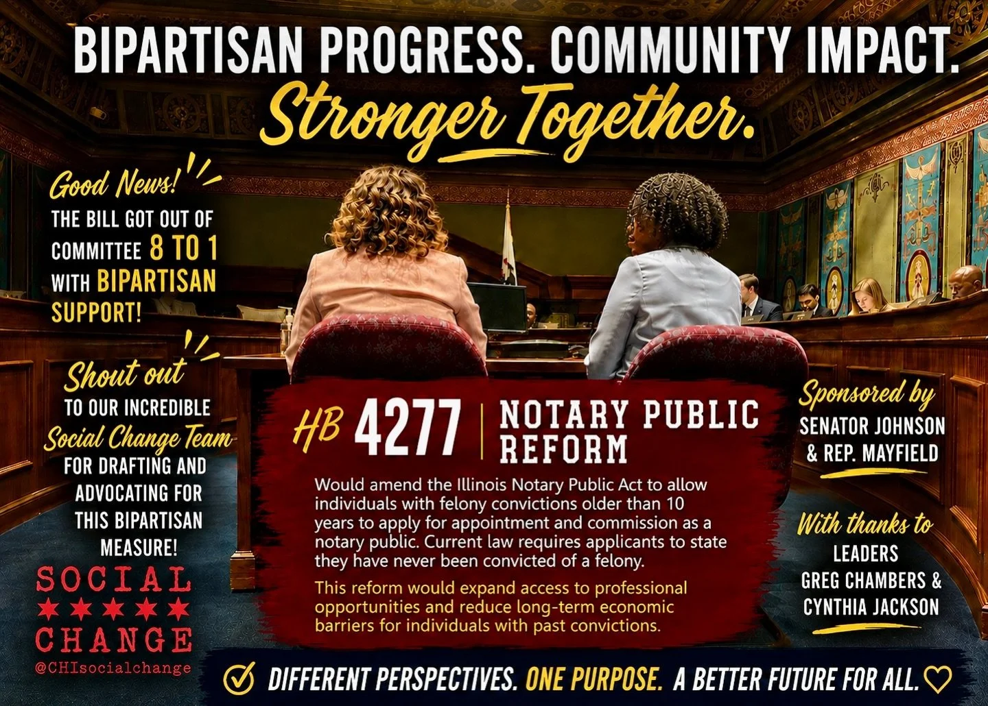❤️☺️Social Change was proud to help draft and advocate for HB 4277, which just passed out of committee 8 to 1 with bipartisan support.

⚖️This legislation would reform the Illinois Notary Public Act to allow individuals with felony convictions older 