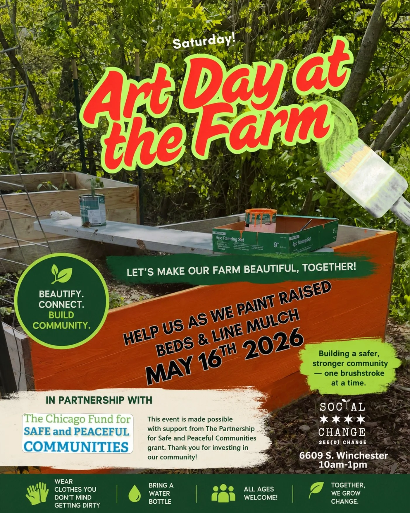 Come help us paint raised beds, line mulch, plant tomatoes, and continue building out the Social Change Community Farm together.

This event is supported in part by The Partnership for Safe and Peaceful Communities @safepeacefulchi as we work to crea