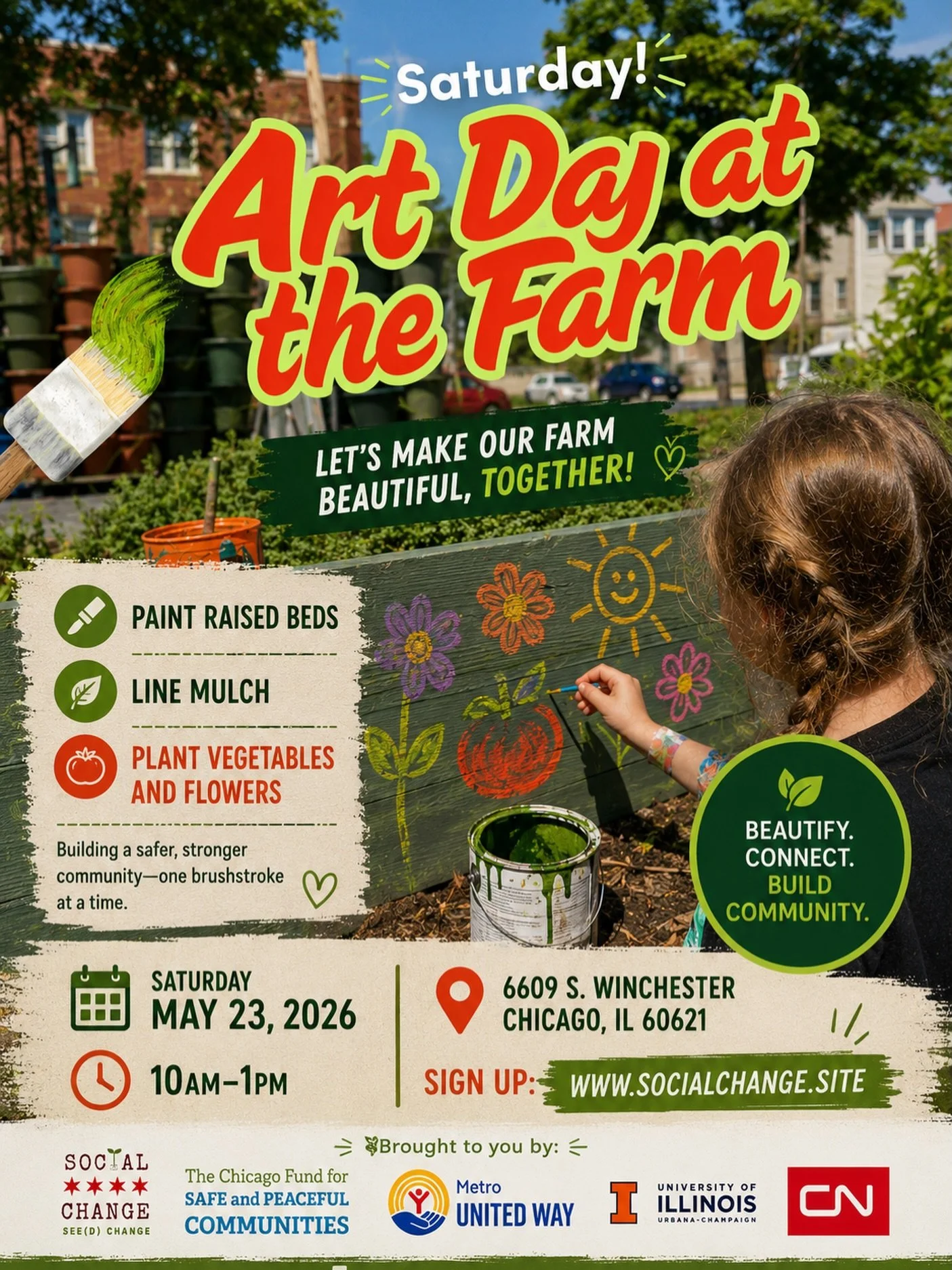 This Saturday at the farm 🌱🎨

Come help us paint raised beds, line mulch, and plant vegetables and flowers as we continue building out the Social Change Community Farm together.

We&rsquo;re working to create a safer, more peaceful, and more connec