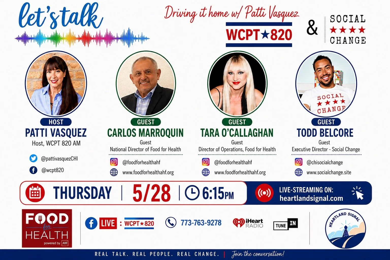 Join us this Thursday for a powerful conversation on food justice, health equity, and community impact 🍎✊🏽

Todd Belcore of Social Change joins Patti Vasquez alongside Carlos Marroquin, National Director of Food for Health, and Tara O&rsquo;Callagh