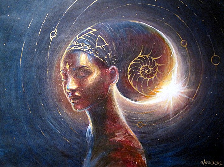 A painting of God as a Black woman in a cosmic setting by Annelie Solis
