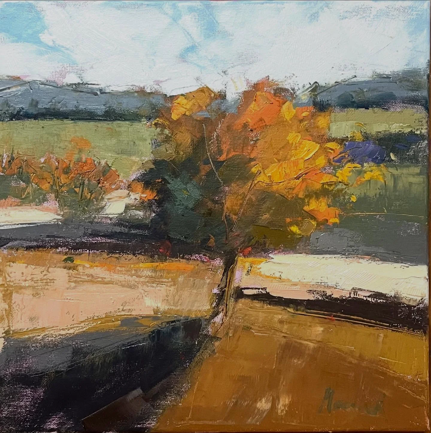 Abstract landscape in oil, 12x12. Colors in the landscape are changing fast. #norcalartist #artlovers #artsale #giftofart