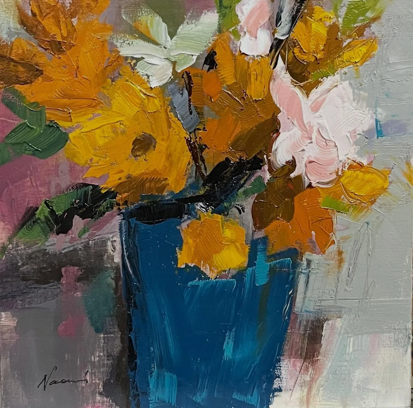 Abstract Floral painting in oil. 8x8 on a wooden canvas board. Simplified flowers. #abstractdesign #flowerdesigner #simplicity #artist #designer
