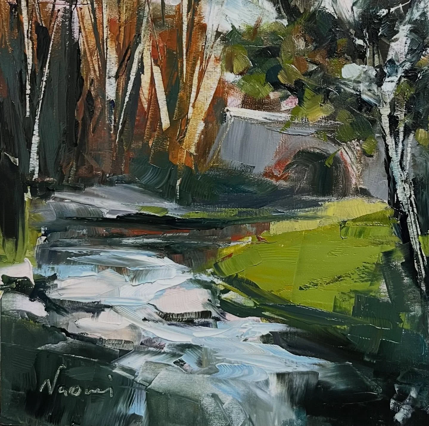 Landscape painting in oil, 8x8. #earlyfall #water #art #artgift