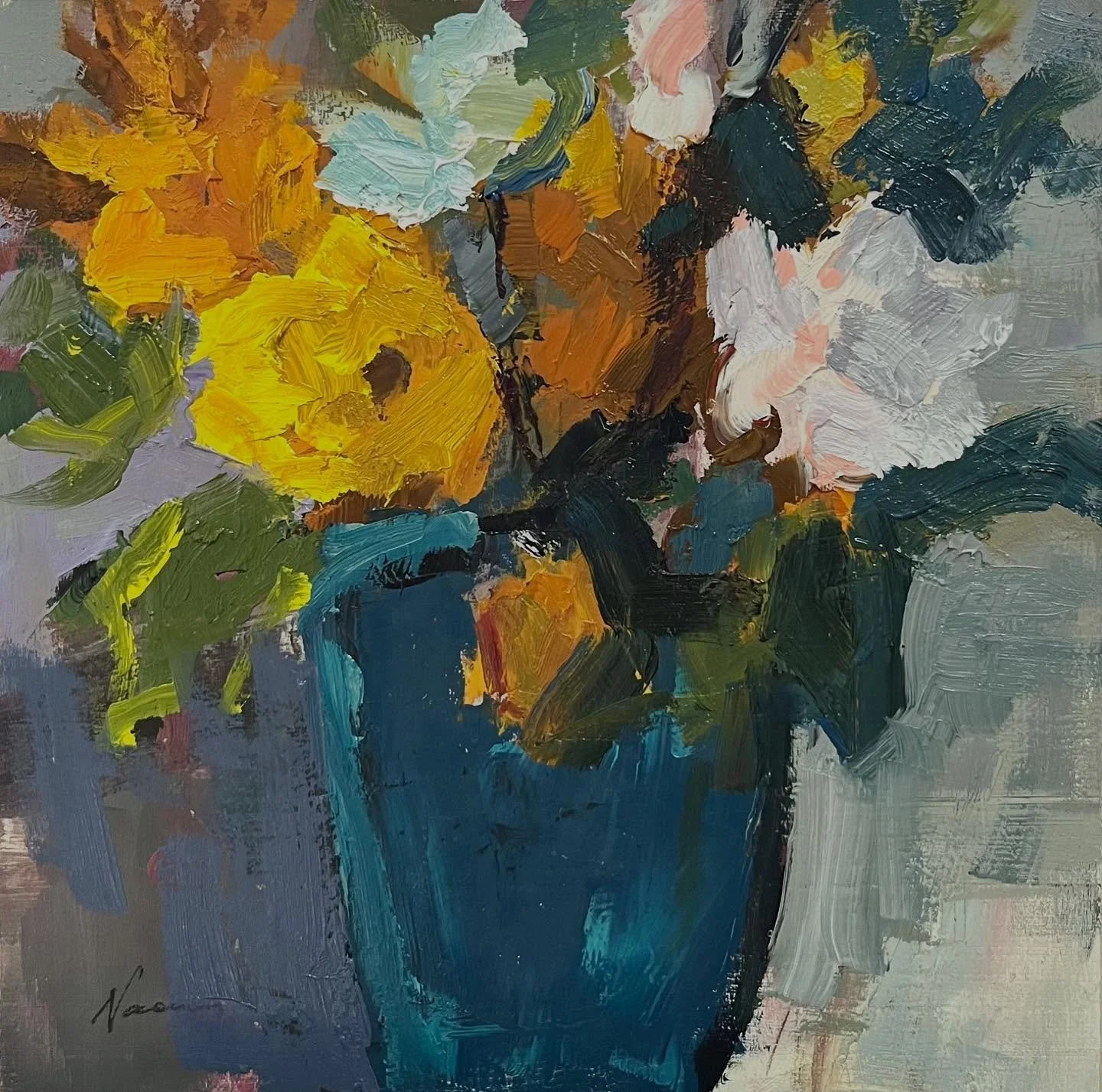 Just a revised painting in oil. I intentionally made it look more free and spontaneous. 8x8 on a wooden canvas 1/2 inches thick. #abstractfloral #flowerdesign #flowerprints