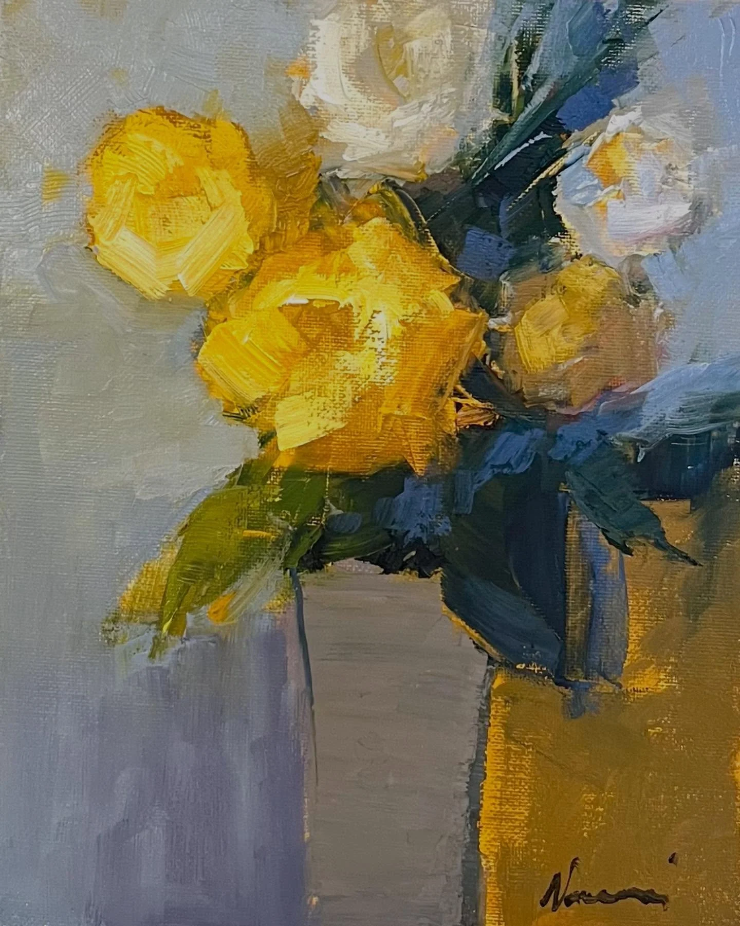 Revised &ldquo;Yellow Roses&rdquo; In oil. 8x10. I kept looking at the painting I posted late last night and got an urge to make some changes on it. My brain just needed a good night sleep to see how to make it better. #rosepainting #flowergift #holi