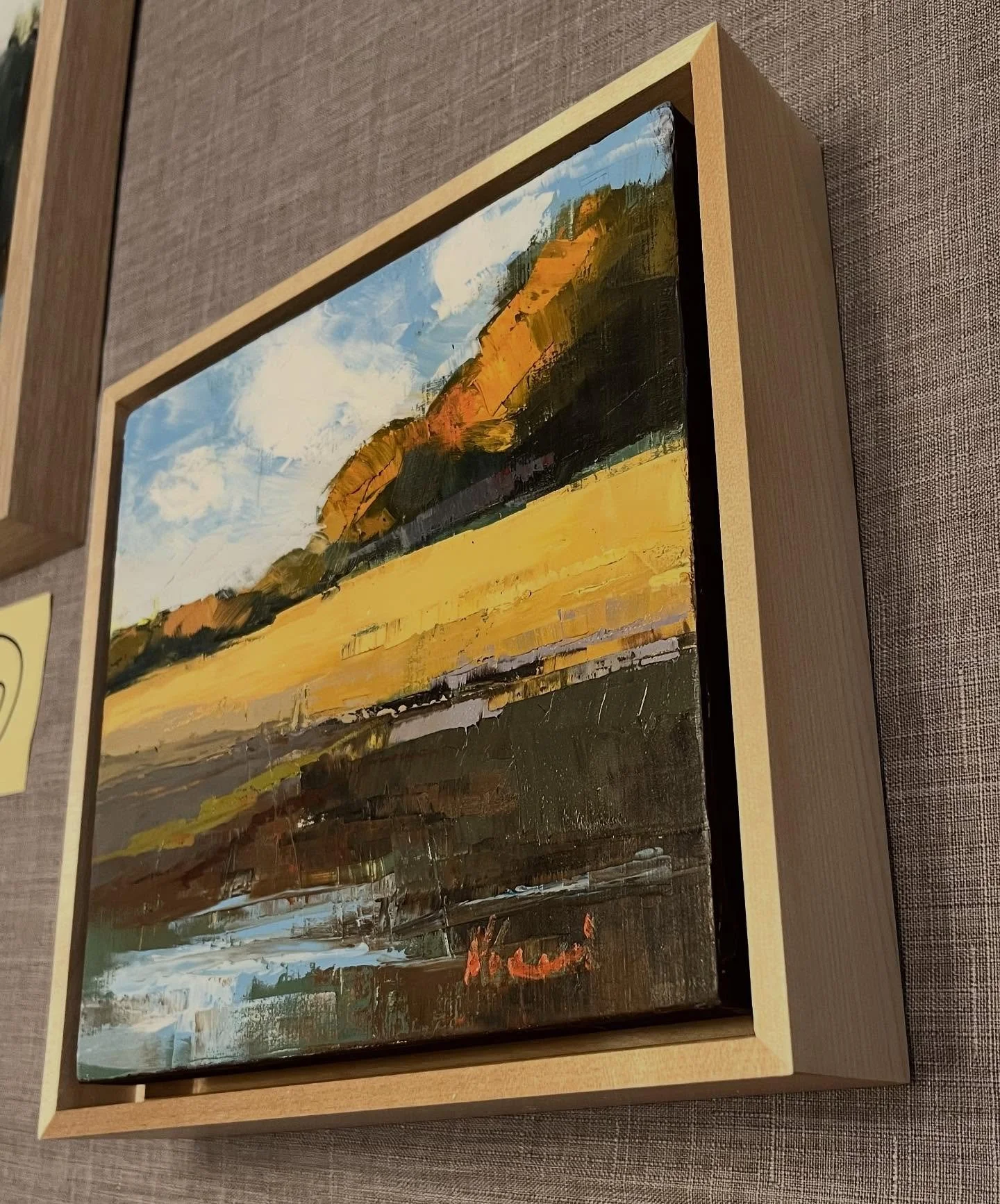 Now it&rsquo;s ready to travel up to Truckee, CA. To Mountain Arts Collective, 8x8 landscape oil painting in one and half thick floating frame. #floatingframe #truckee #tahoeart #mountainart