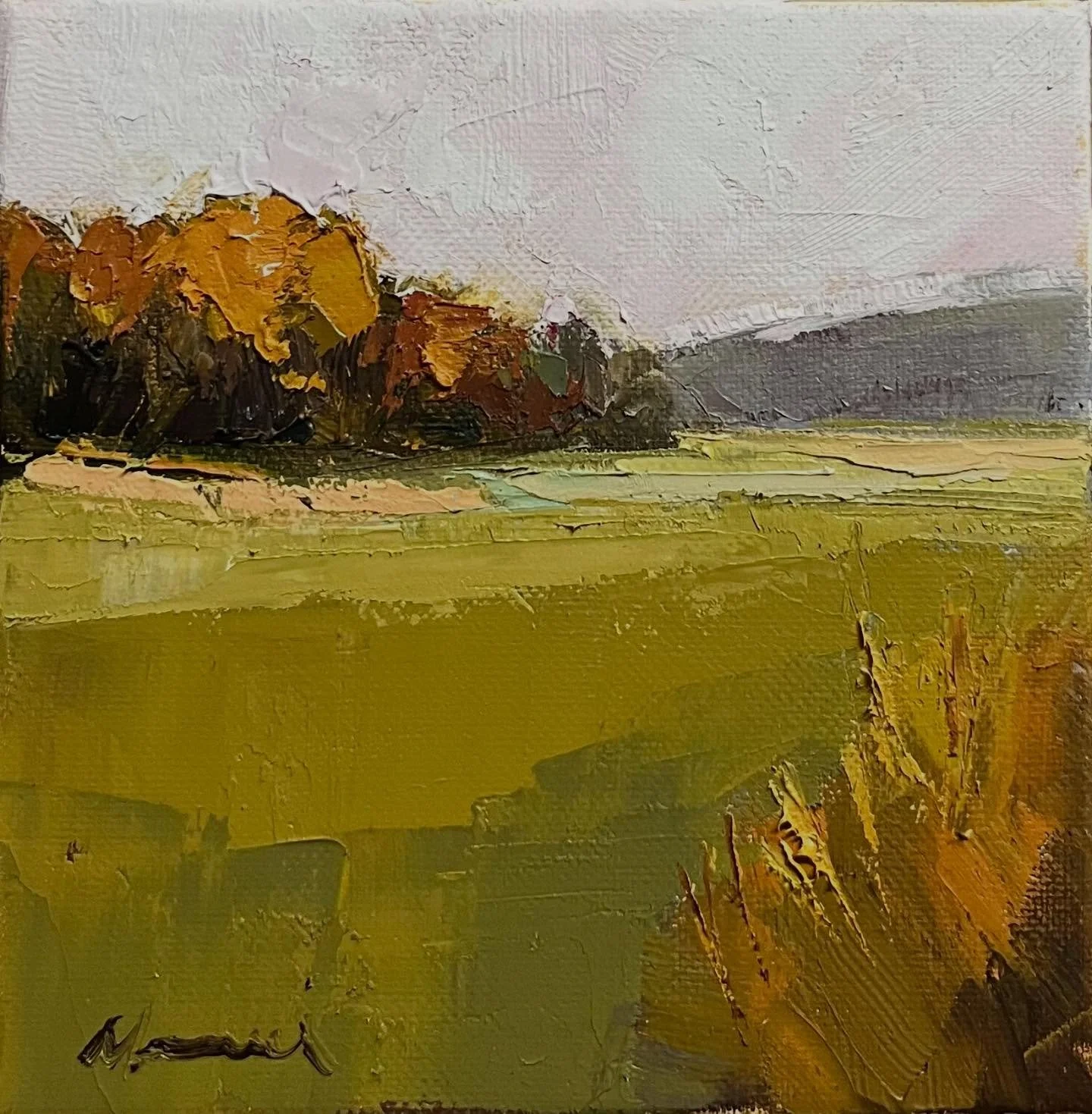 Revised and finished painting of yesterday&rsquo;s piece. Abstract landscape painting in oil, 6x6. Defined colors and composition. #abstractlandscapepainting #natureart #oilpainter #artgift #artcurating
