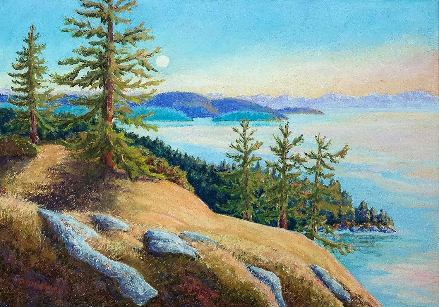   Floating Moon From a Sunset Bluff   Pastel 15” x 21” 