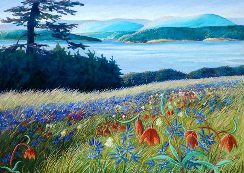   Blue Camas and Chocolate Lilies  Pastel 15 x 21” 