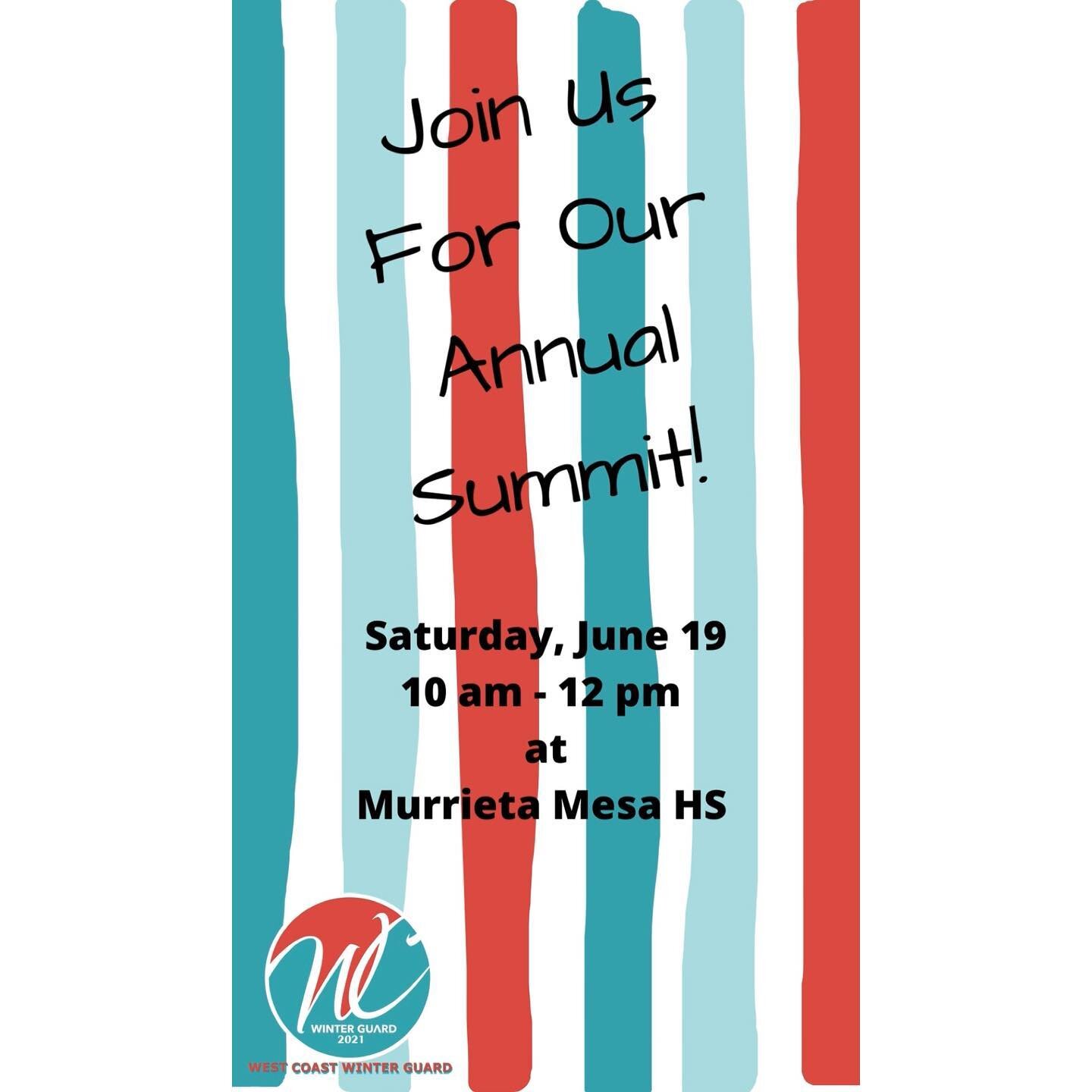 It&rsquo;s that time of year! Join us for our annual summit on June 19th at 10 am. We will have our tentative schedule for the upcoming year and lots of other great info! Check flyer for other details. #WCWG #winterguard #colorguard