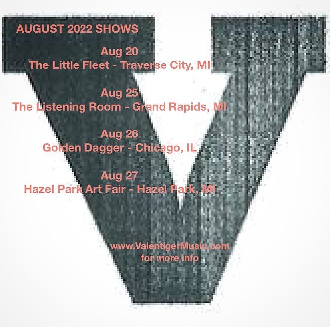 August 2022 Shows

8/20 - @thelittlefleet 
8/25 - @listeningroomgr w/ @briestoner 
8/26 - @goldendaggerchi  w/ @badcandymusic 
8/27 - @hazelparkarts