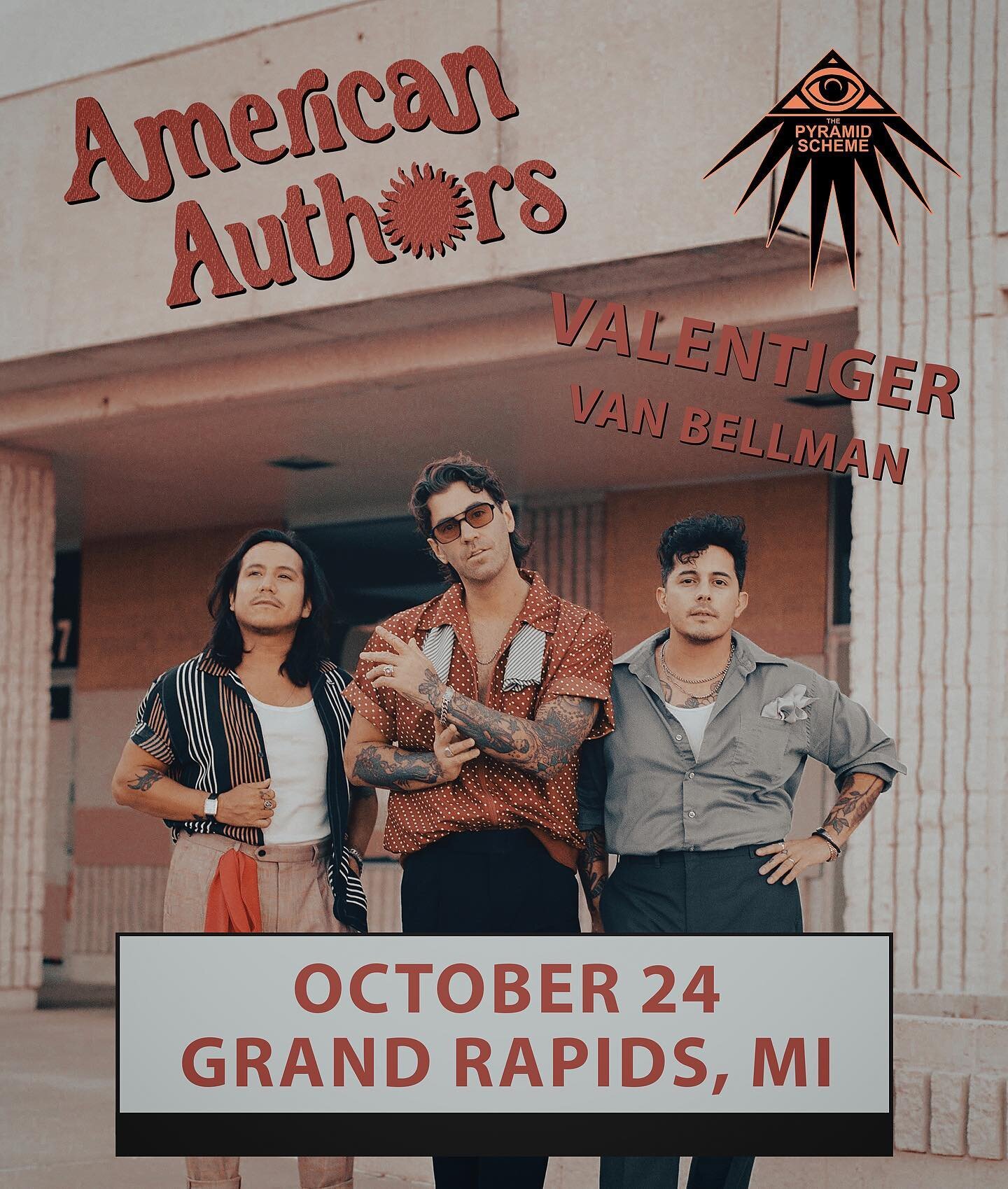 We&rsquo;ll be opening for @americanauthors on 10/24 at @pyramidschemegr. Head over to our website for a chance to win some free tickets, or DM us for other arrangements.
.
.
.
#valentiger #americanauthors #bestdayofmylife #pyramidscheme #grandrapids