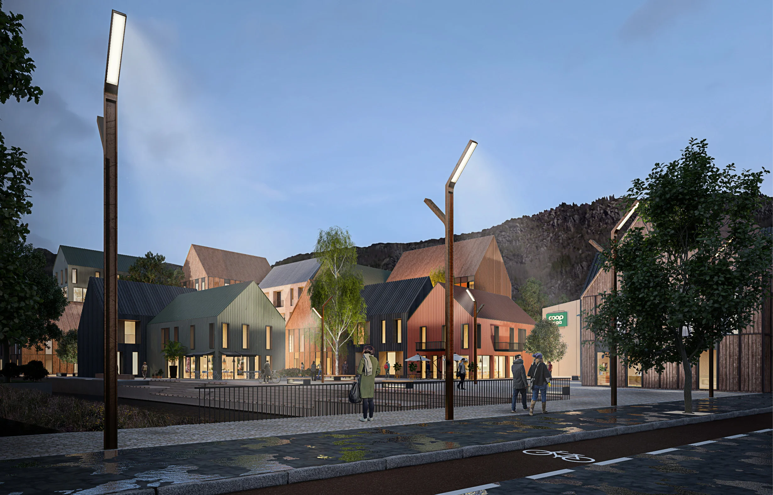 Landsbygaten I dag fremstår Hauklandsveien som en vei. Den går øst vest gjennom Moi, i et helt rett strekk uten synlige urbane kvaliteter. Dette prosjektet viser en mulighet for å ta tilbake arealet og transformere Haukelandsveien til en landsbygate med fortau, sykkelfelt, gatetrær og lyktestolper. Foran Coop etableres en sørvest-vendt plass. Haukelandsbekken løftes frem, og en ny nedtrapping med tilrettelegging for vannlek etableres i steden for kjørebroen som i dag løper parallellt med Hauklandsveien. Parkeringsplassen transformeres, og det legges opp til en variert småskala bebyggelse, der blanding av handel, bevertning og bolig skaper liv. Arkitektur og identitet er hentet fra de gamle trehusbyene langs sør- og vestkysten av Norge.