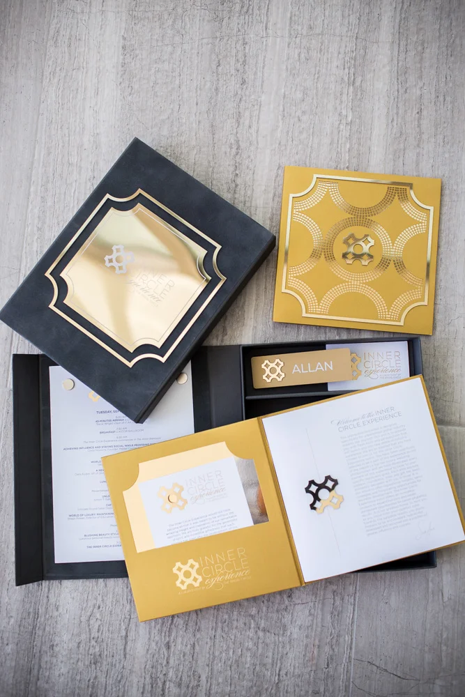 Inner Circle Experience \\ This sweet suite. Especially love the gold on gold on gold. Really enjoyed creating the event packages for the inaugural Inner Circle Experience and being given full creative carte blanche.