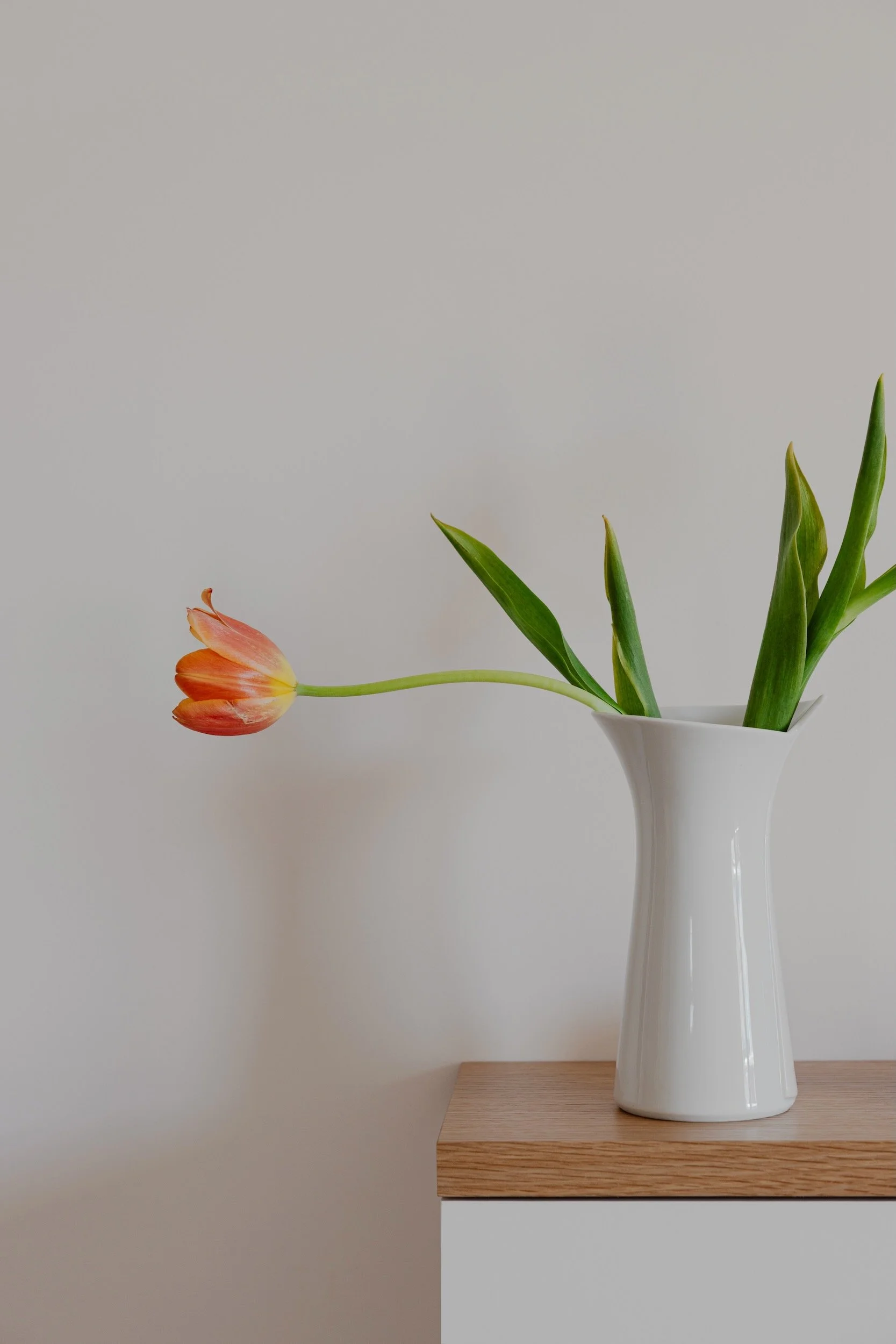 Lola Cwikowski Studio Cascais Residence project with detail of custom oak top panel on IKEA Bestå console; vintage ceramic vase with tulip.