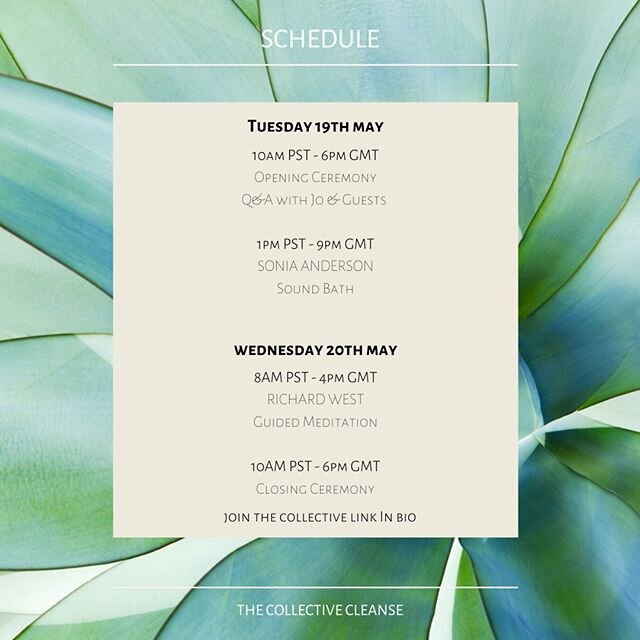 Here is the schedule for our upcoming Cleanse! Tomorrow there will be a Q&amp;A on the opening call, with a chance to ask me any questions you have. Excited to share and practice with you all. ⠀⠀⠀⠀⠀⠀⠀⠀⠀
⠀⠀⠀⠀⠀⠀⠀⠀⠀
#collectivecleanse #onebodyoneplanet 