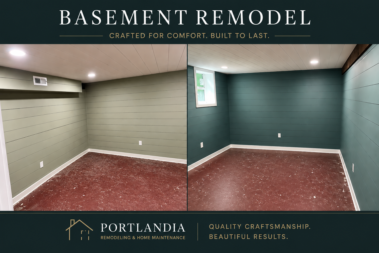 Finished basement remodel in SE Portland with painted shiplap walls, recessed lighting, white trim, and a refinished concrete floor by Portlandia Remodeling.