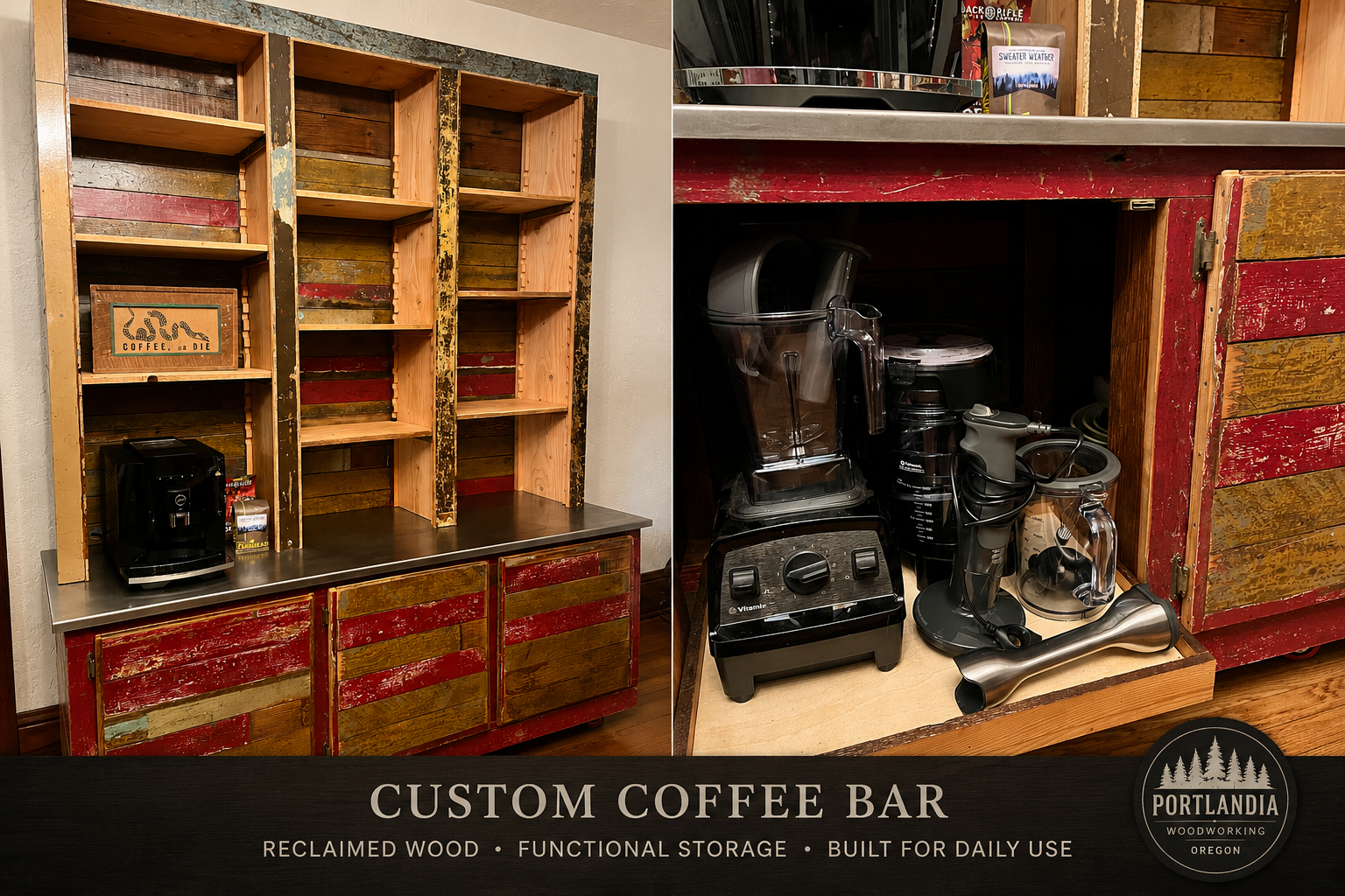 Custom Reclaimed Wood Dining Room Hutch and Coffee Bar