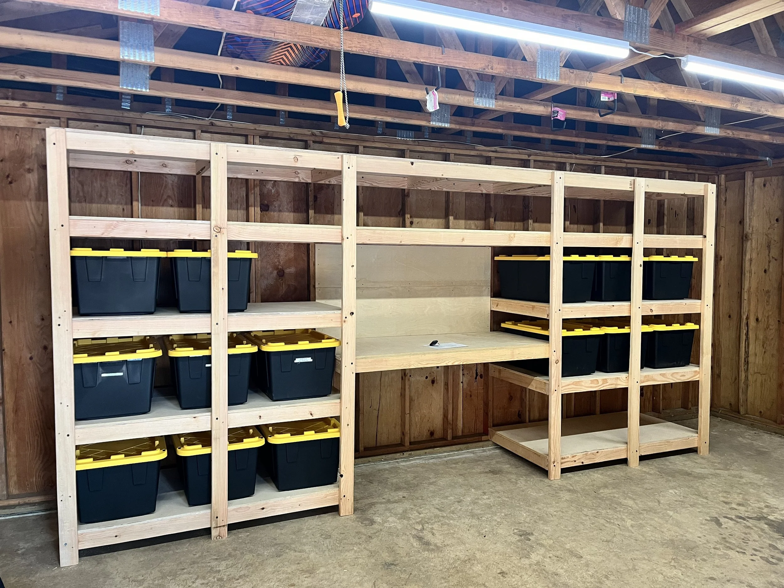 Garage storage shelving with work bench