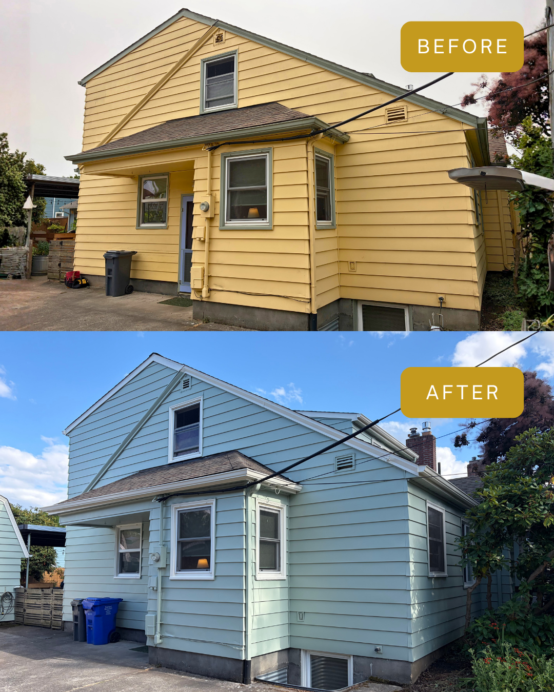 ortland house siding before and after an exterior repaint, from yellow to light blue-green