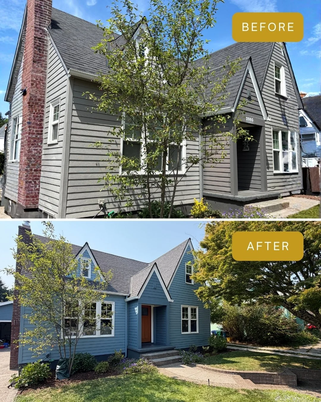 Portland home before and after exterior painting, gray siding changed to blue with a new orange front door