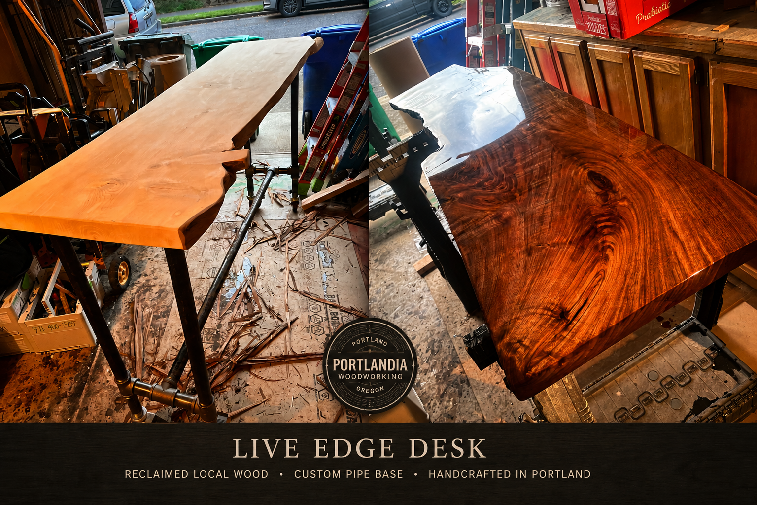 Custom Mobile Live Edge Walnut Office Desk with Pipe Base