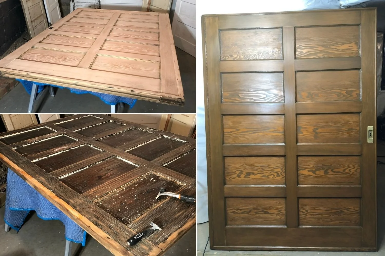 Portland wood door refinishing before and after — antique 6-panel door stripped of old failing finish and restored with fresh stain by Portlandia Remodeling