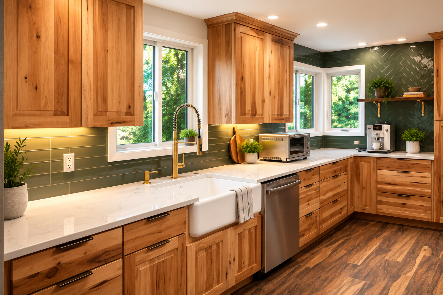 Remodeled kitchen in Portland, OR with custom wood cabinetry and green tile backsplash