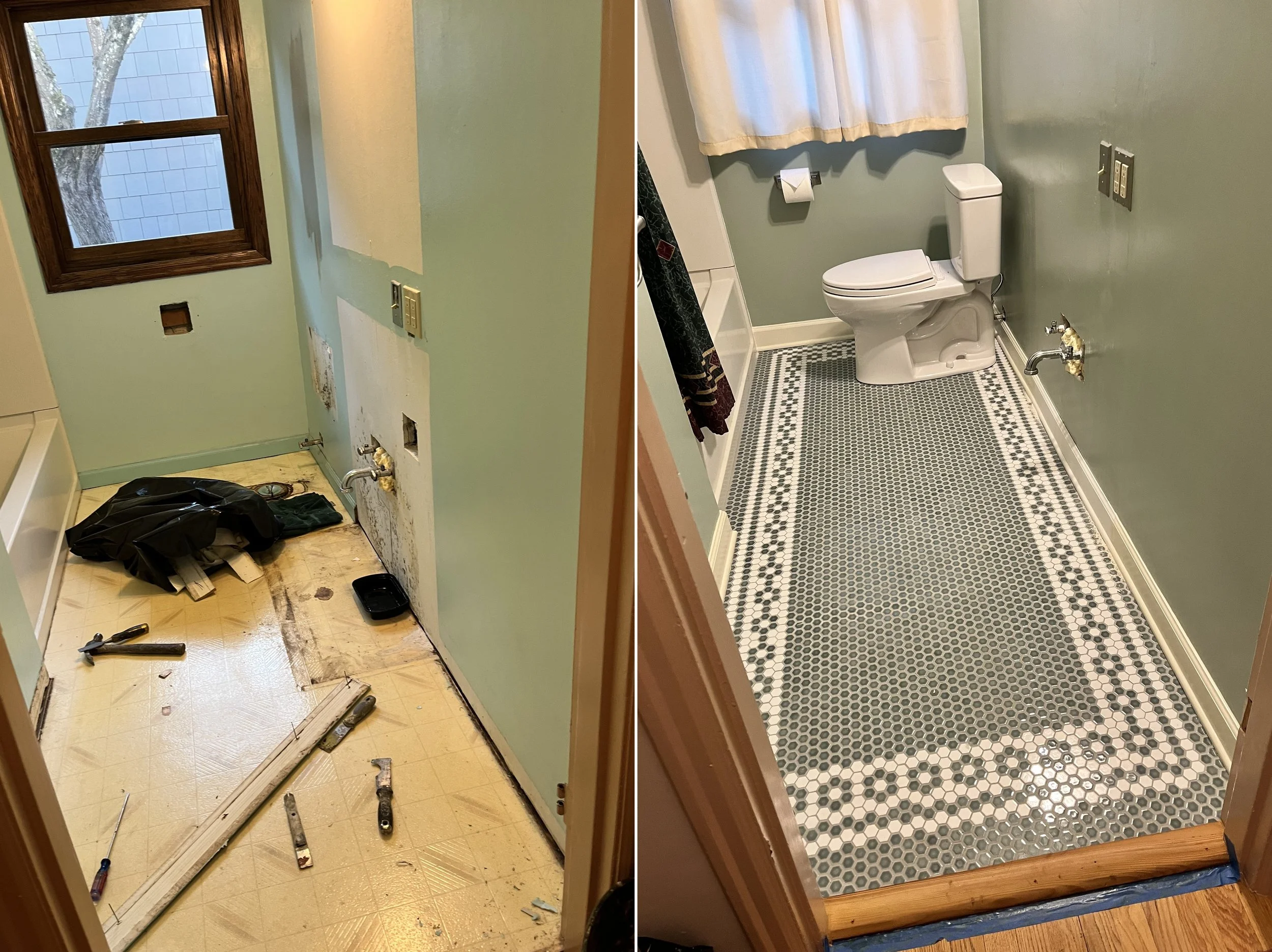 Before-and-after Portland bathroom remodel: old beige linoleum flooring during demolition next to newly installed black-and-white hexagon mosaic tile with wood threshold