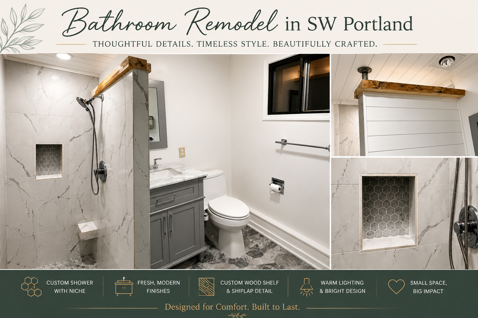 SW Portland bathroom remodel with a custom tiled walk-in shower, hexagon niche, gray vanity, stone-look flooring, and reclaimed wood shelf detail by Portlandia Remodeling.