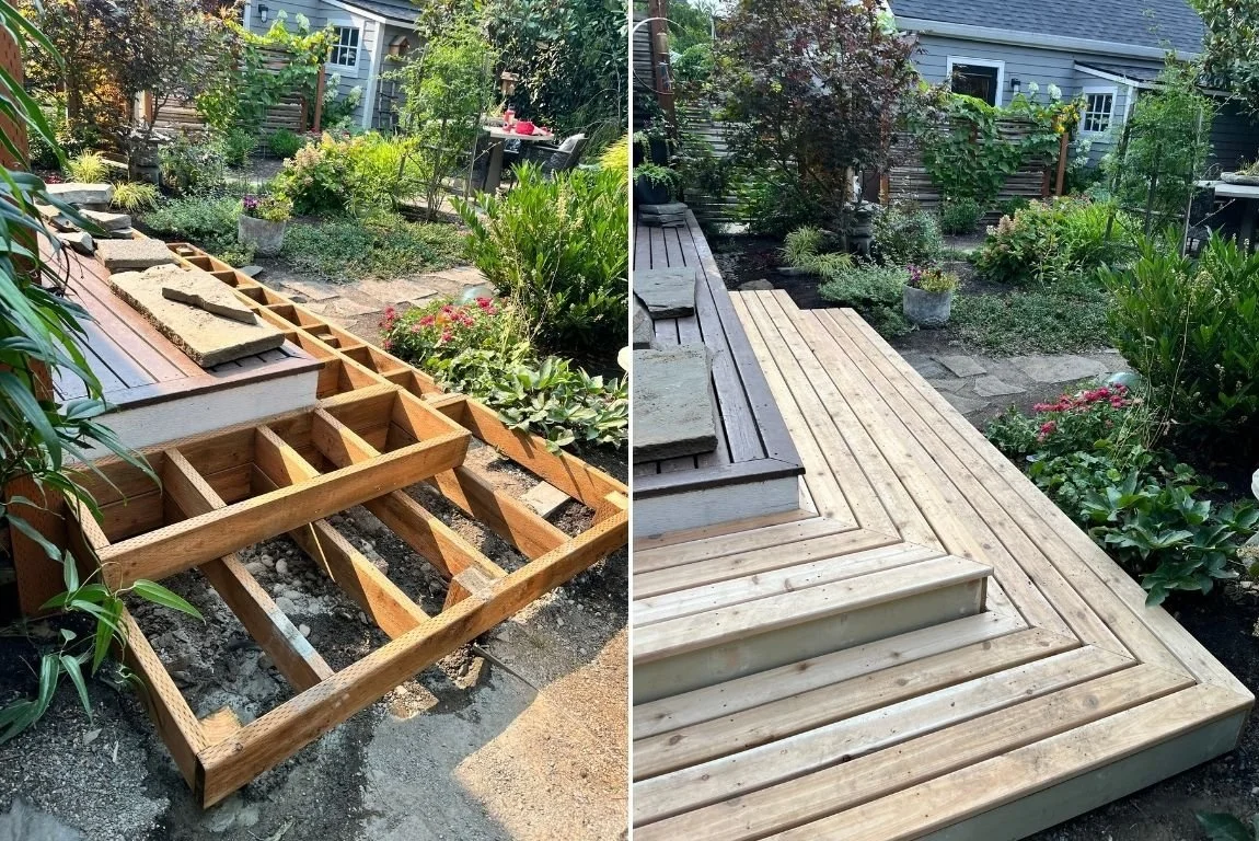 Before and after of a Portland deck rebuild — new cedar joist framing on concrete deck blocks, then finished cedar deck with attached pergola against a blue craftsman home.